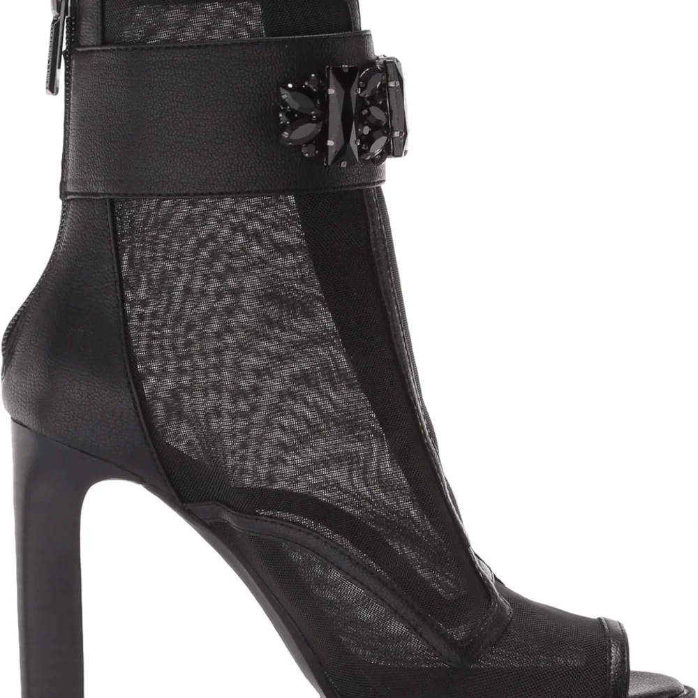 Karl Lagerfeld Black Peep-Toe Ankle Booties with Embellished Strap